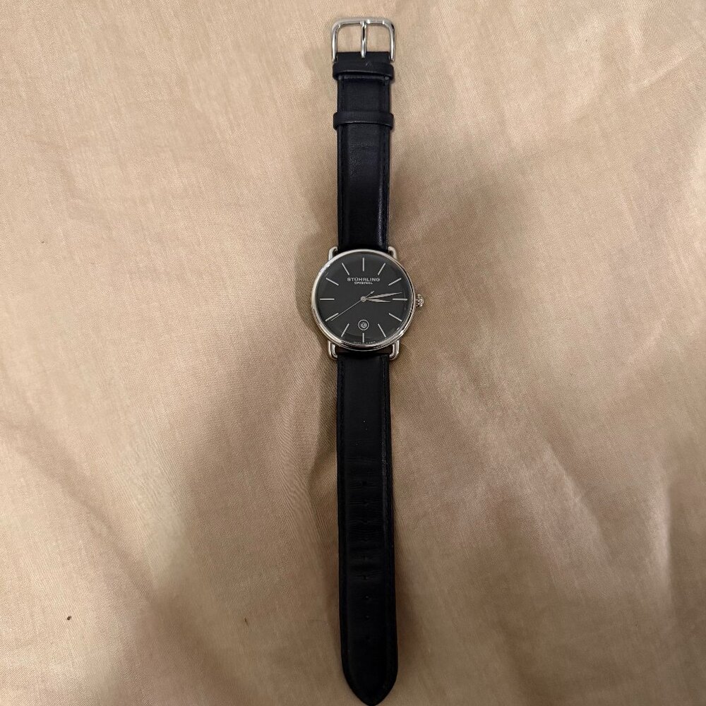 Stuhrling Agent Black Dial Black Leather Strap Men's Watch